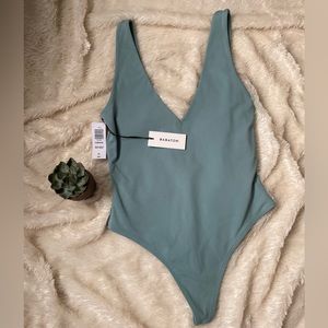 Aritzia Babaton Yucca green double v-neck thong bodysuit